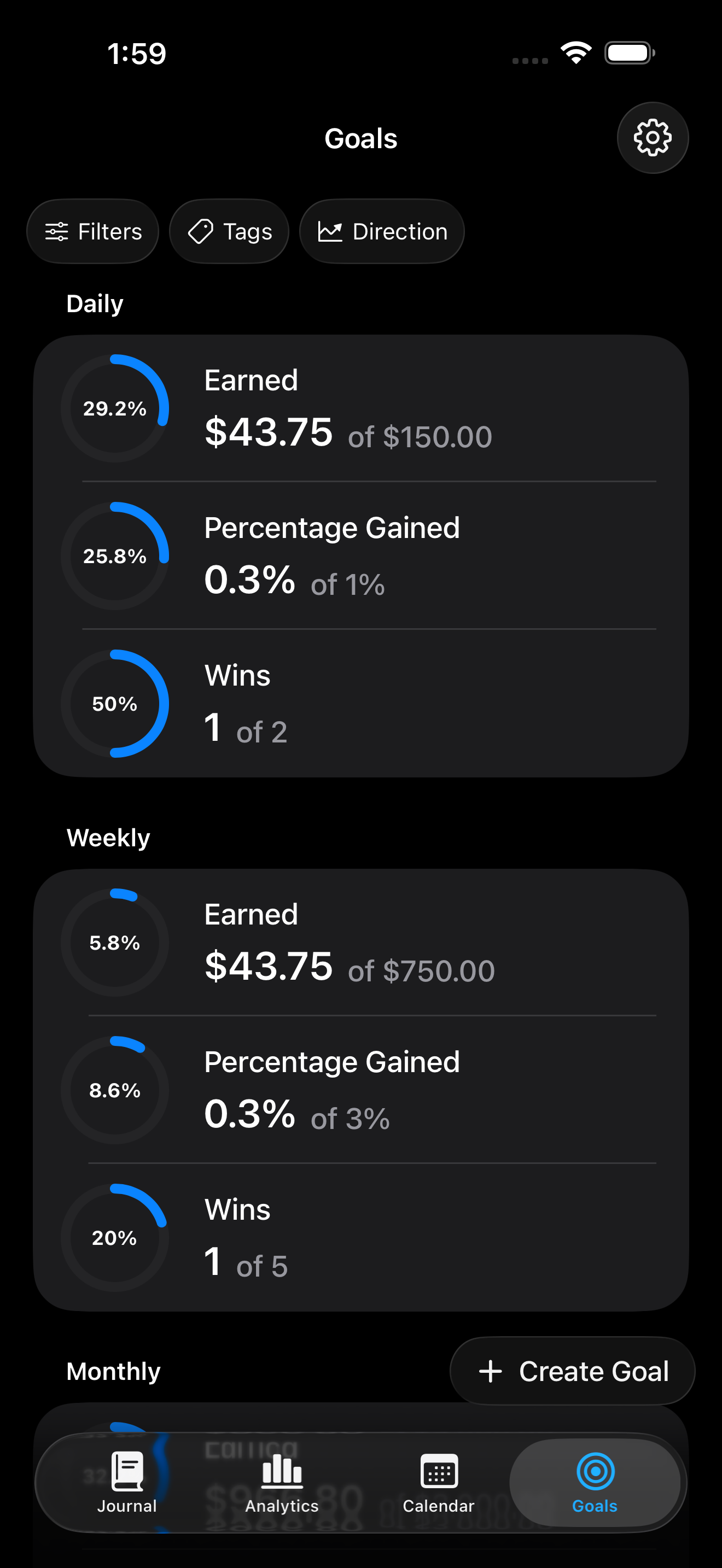 Trading Journal daily and weekly trading goals