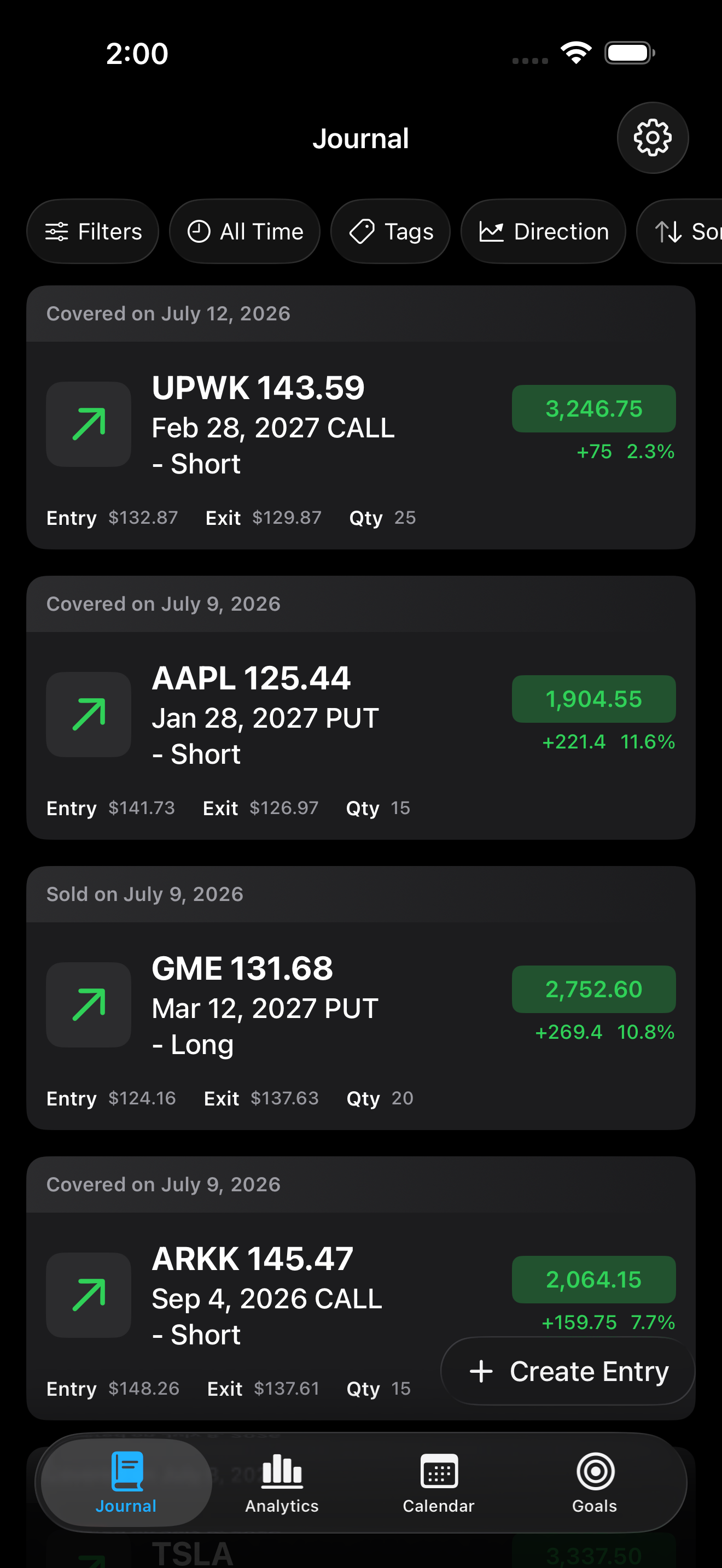 Trading Journal showing a list of completed trades